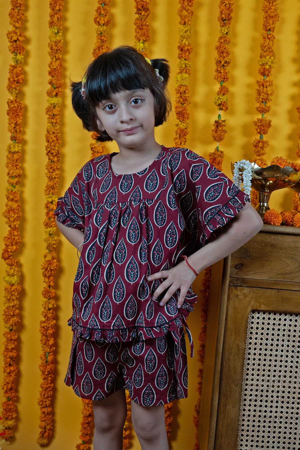 Kids Maroon Cotton Round Neck Top & Shorts Set