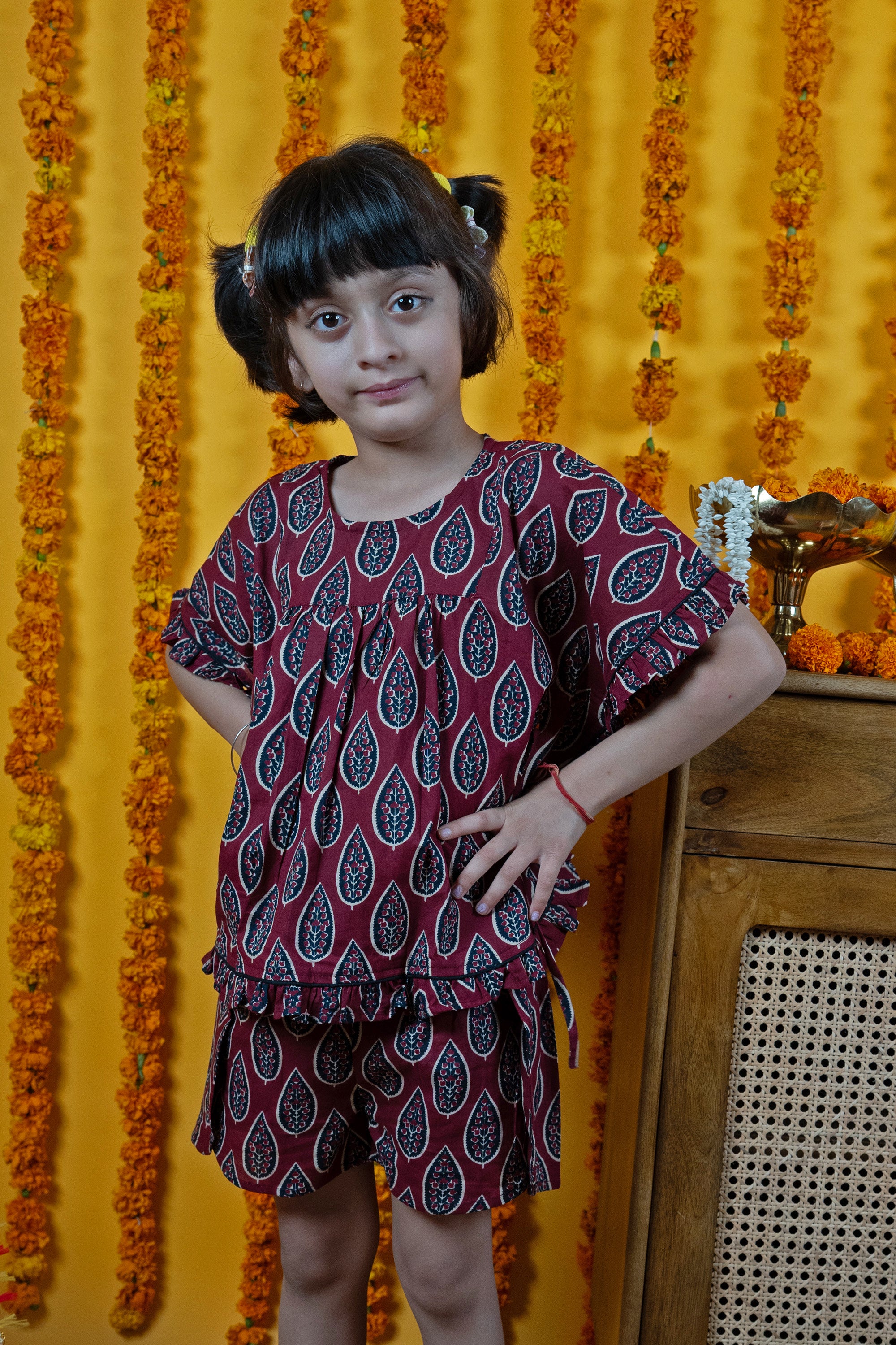 Kids Maroon Cotton Round Neck Top & Shorts Set