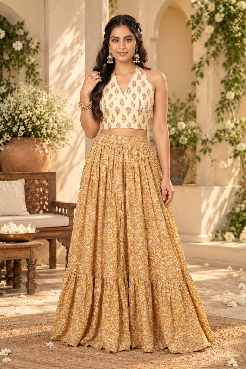 Off White Top Skirt With Dupatta Set