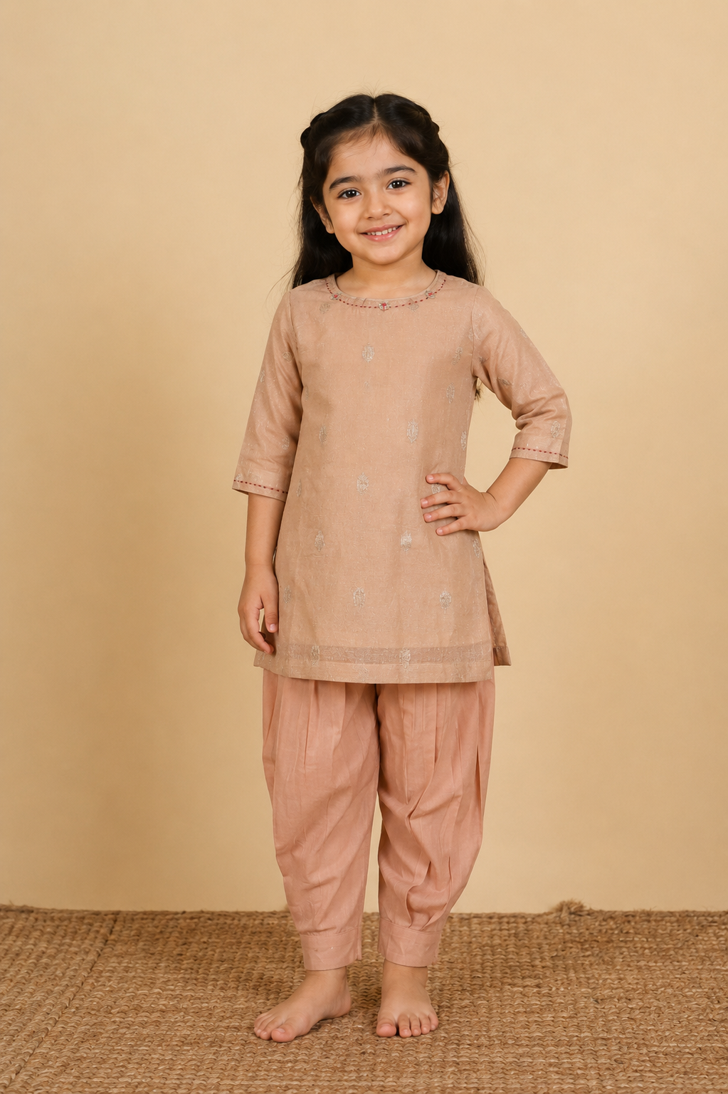 Beige & Pink Kurta Dhoti With Dupatta