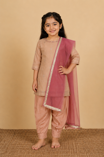Beige & Pink Kurta Dhoti With Dupatta