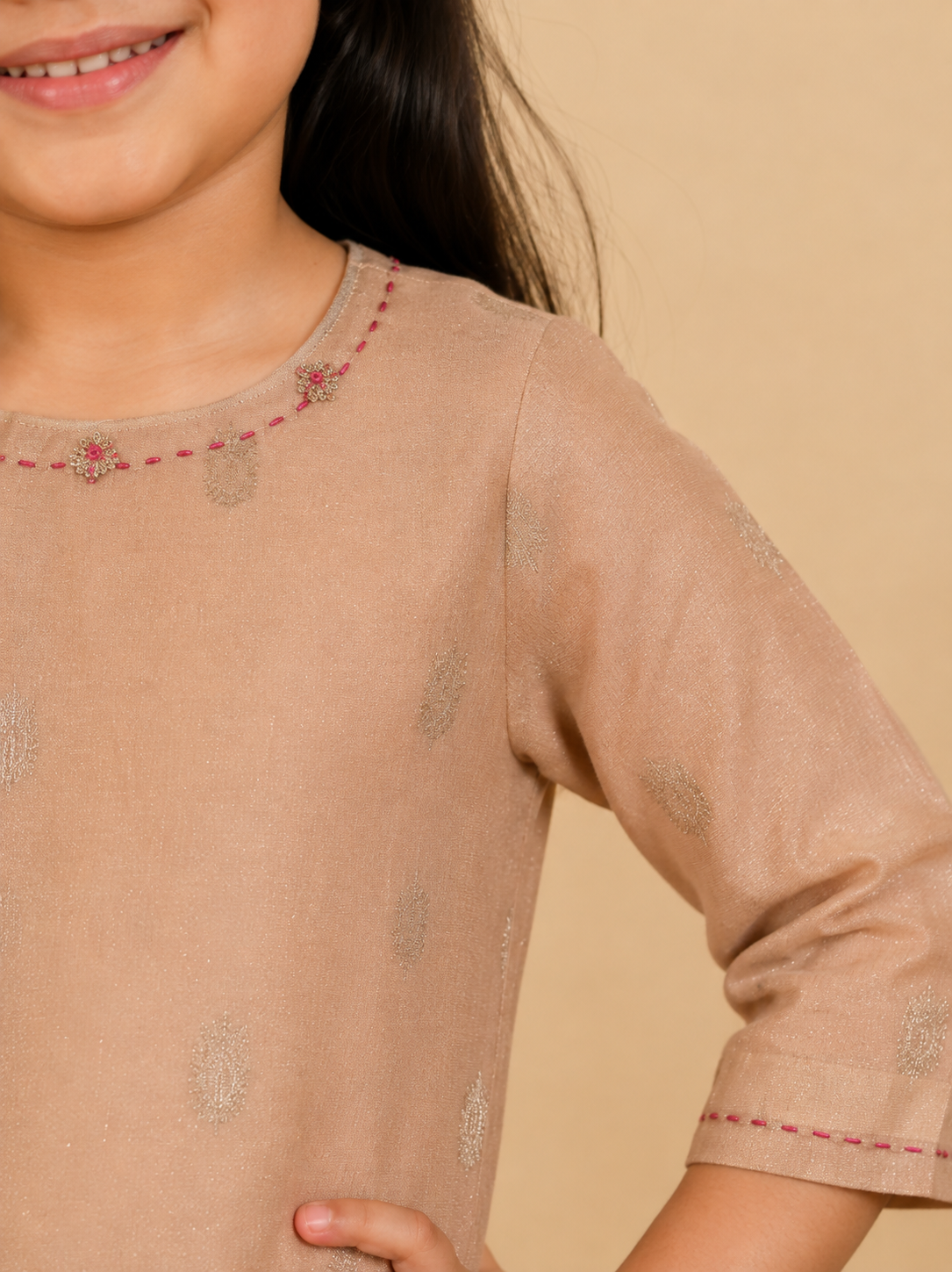Beige & Pink Kurta Dhoti With Dupatta