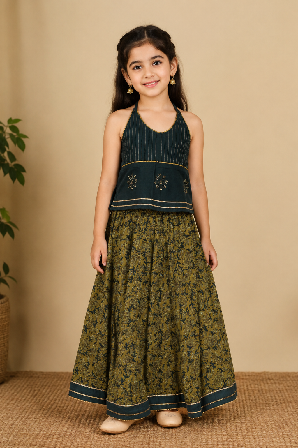 Olive Green Crop Top Skirt Dupatta