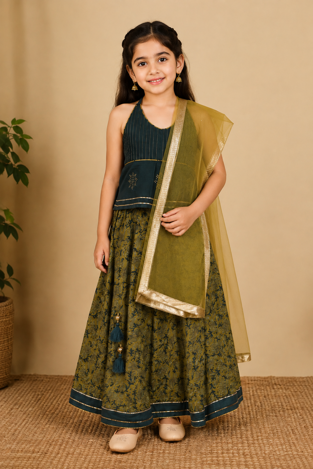 Olive Green Crop Top Skirt Dupatta