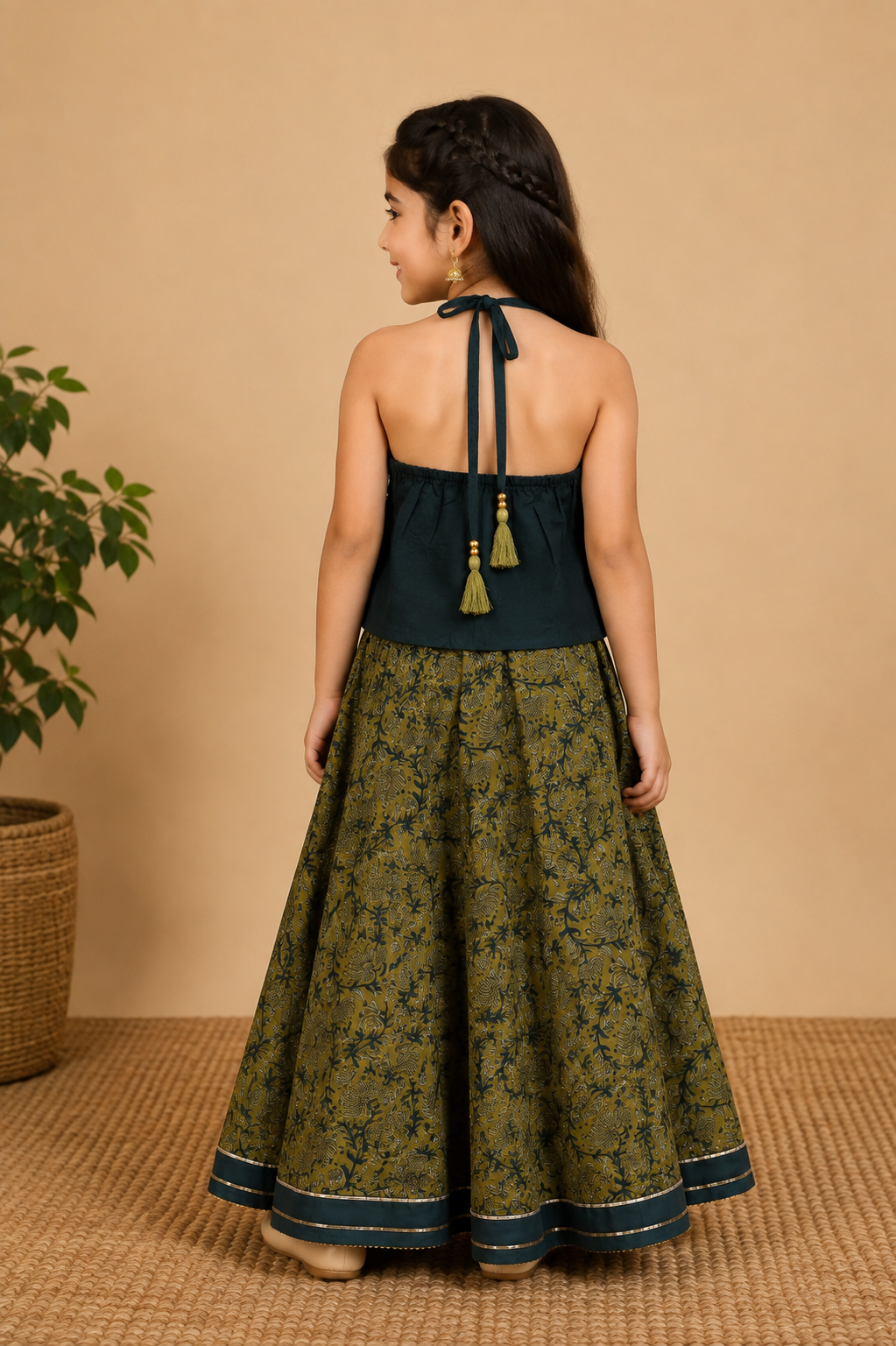 Olive Green Crop Top Skirt Dupatta
