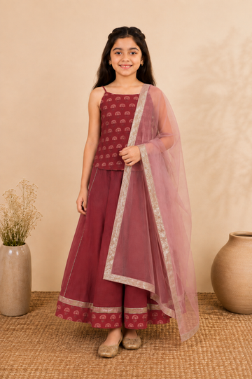 Maroon Crop Top & Flared Skirt Set with Dupatta