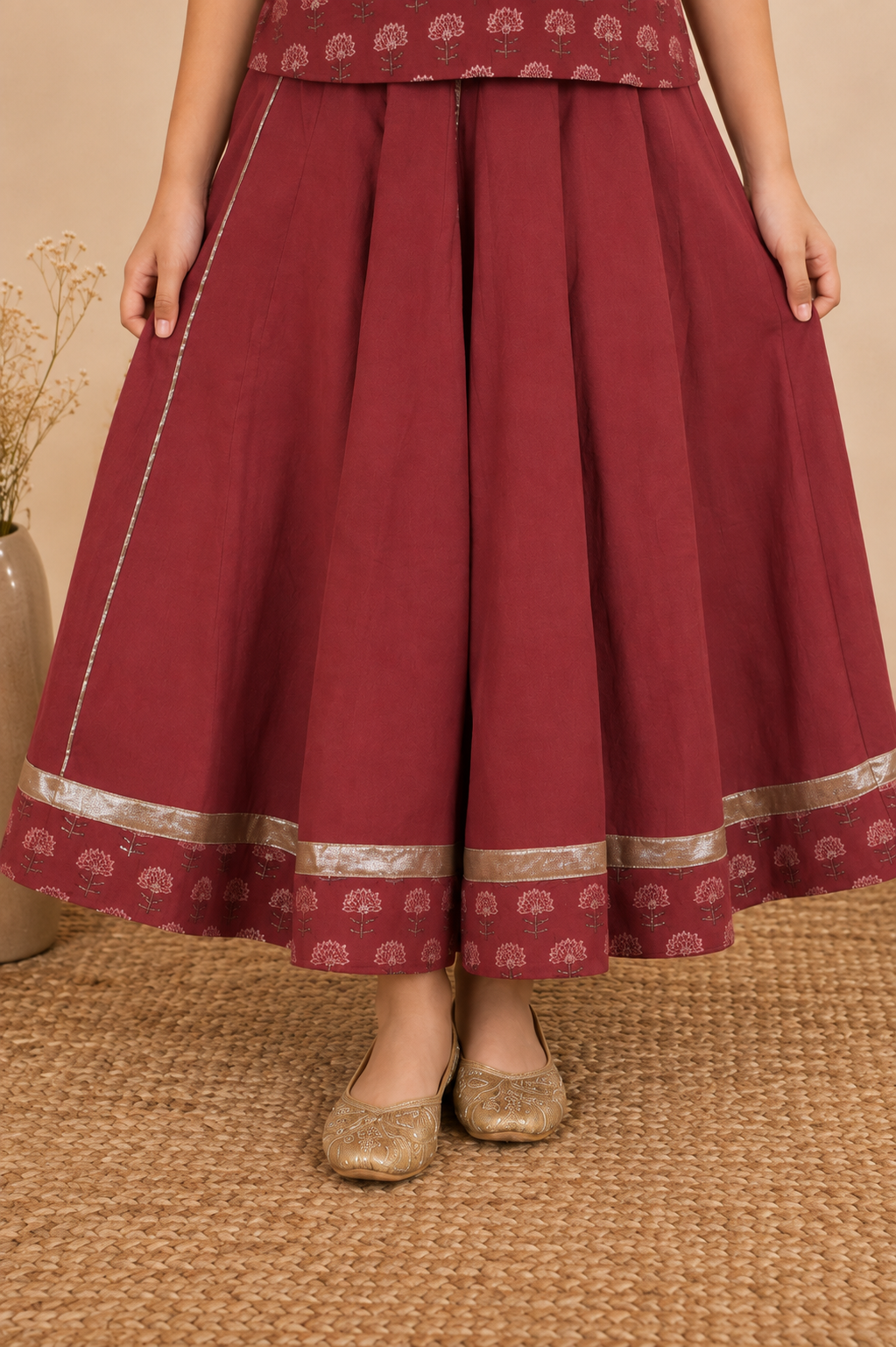 Maroon Crop Top & Flared Skirt Set with Dupatta