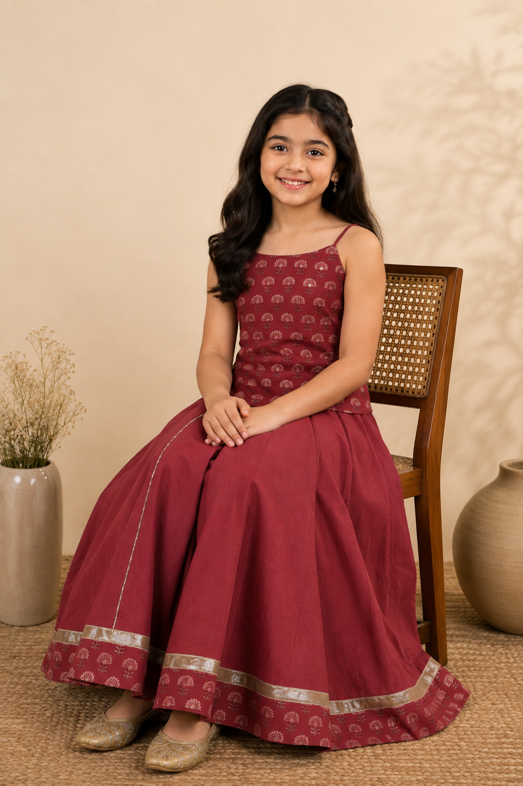 Maroon Crop Top & Flared Skirt Set with Dupatta