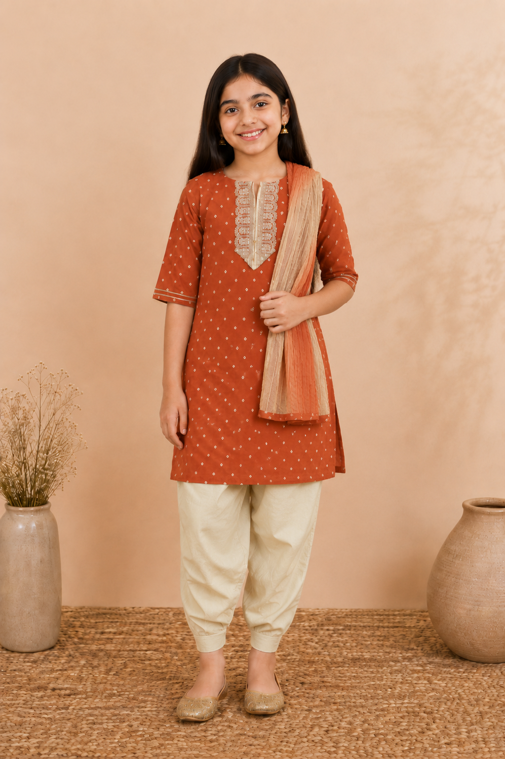 Rust Orange Kurta Dhoti Dupatta