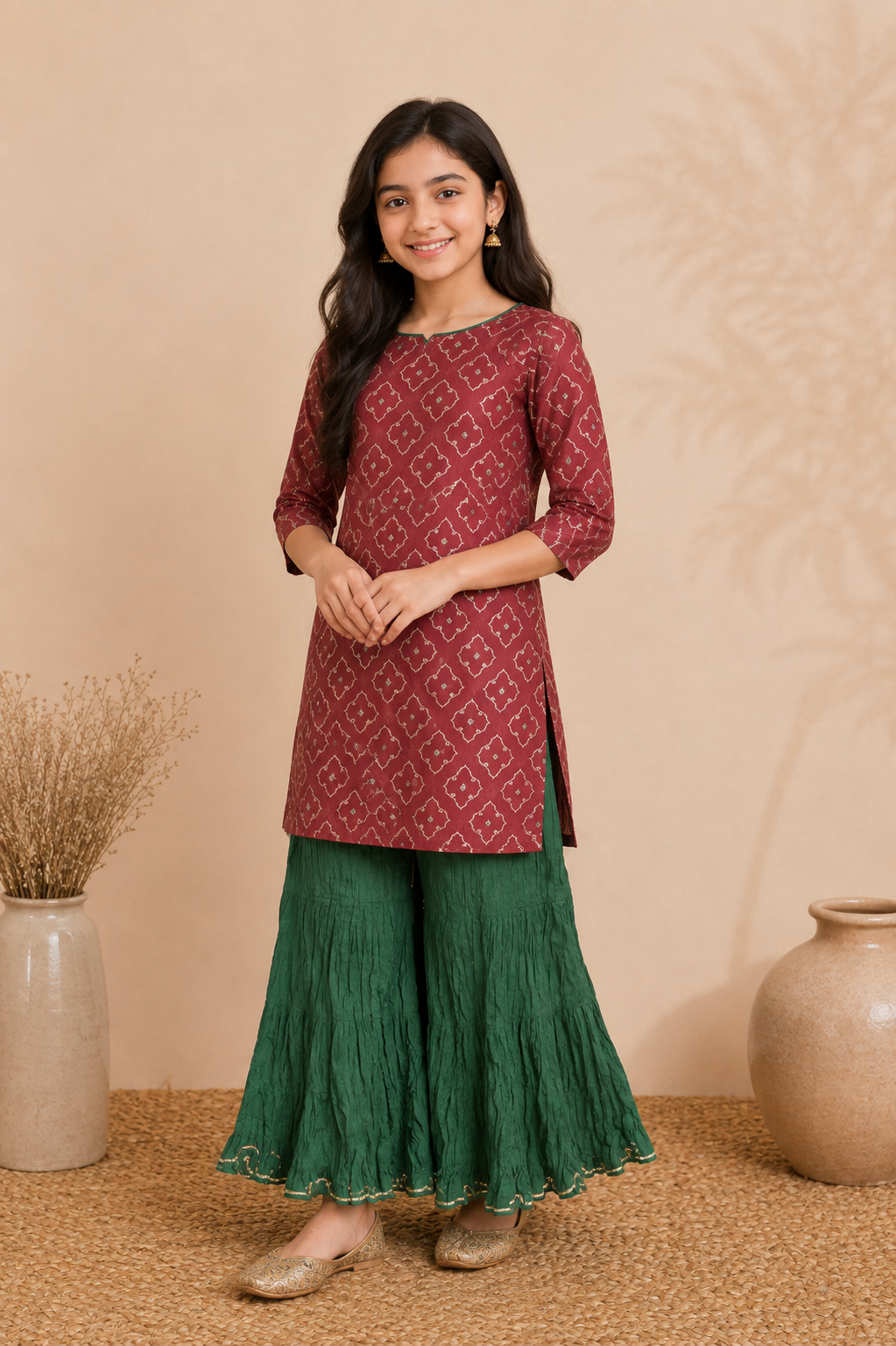Magenta & Green Kurta Sharara Set with Dupatta