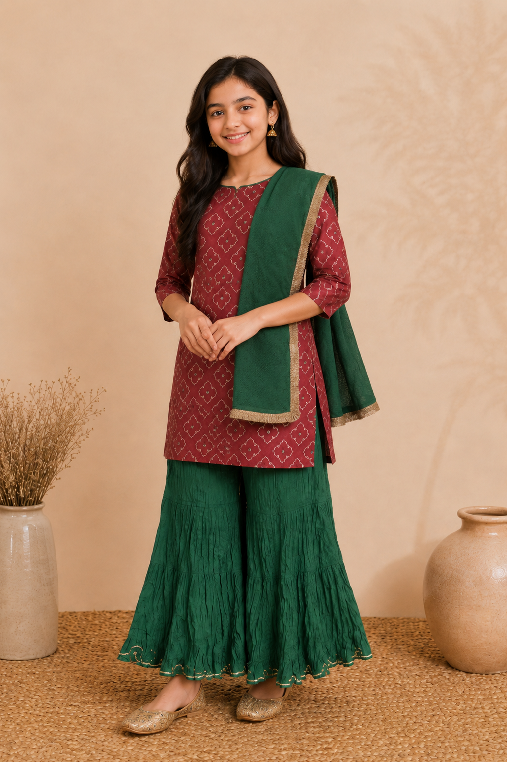 Magenta & Green Kurta Sharara Set with Dupatta