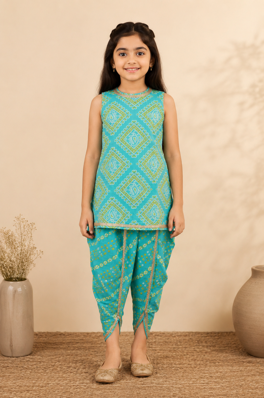 Teal Blue & Lime Green Kurta Dhoti Set with Dupatta