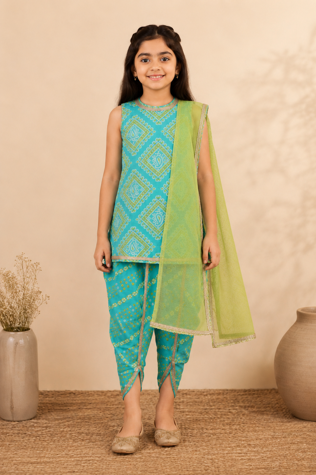 Teal Blue & Lime Green Kurta Dhoti Set with Dupatta