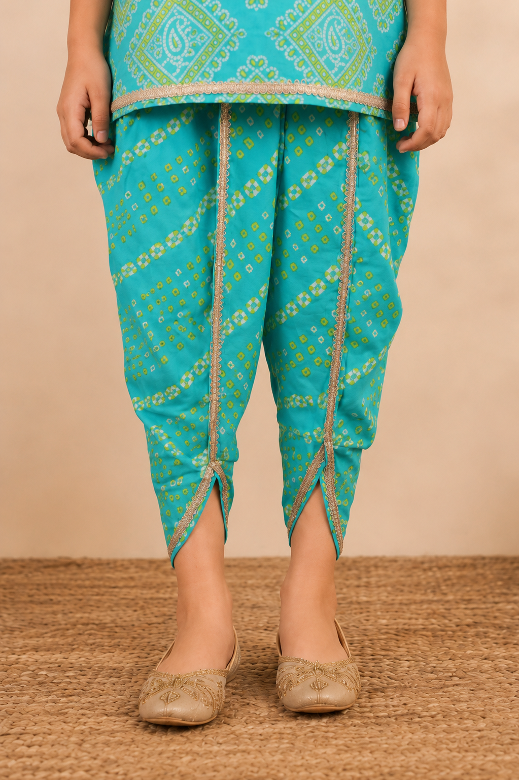 Teal Blue & Lime Green Kurta Dhoti Set with Dupatta