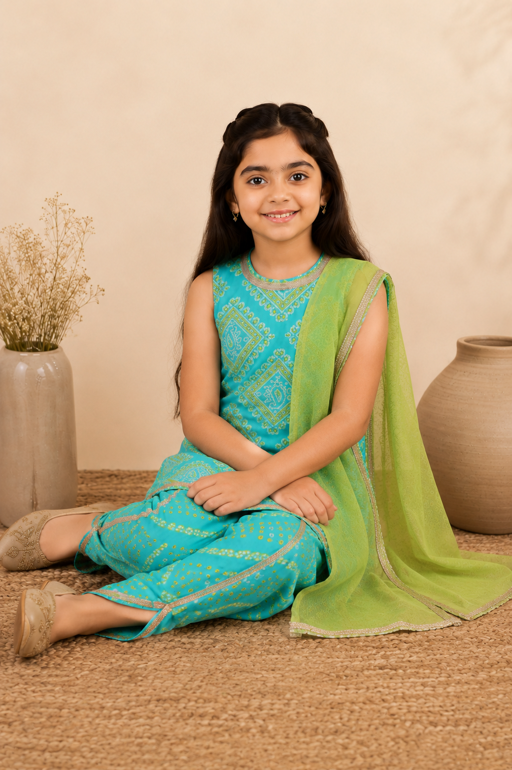 Teal Blue & Lime Green Kurta Dhoti Set with Dupatta
