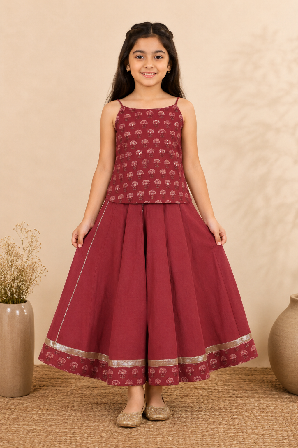 Maroon Crop Top & Flared Skirt Set with Dupatta