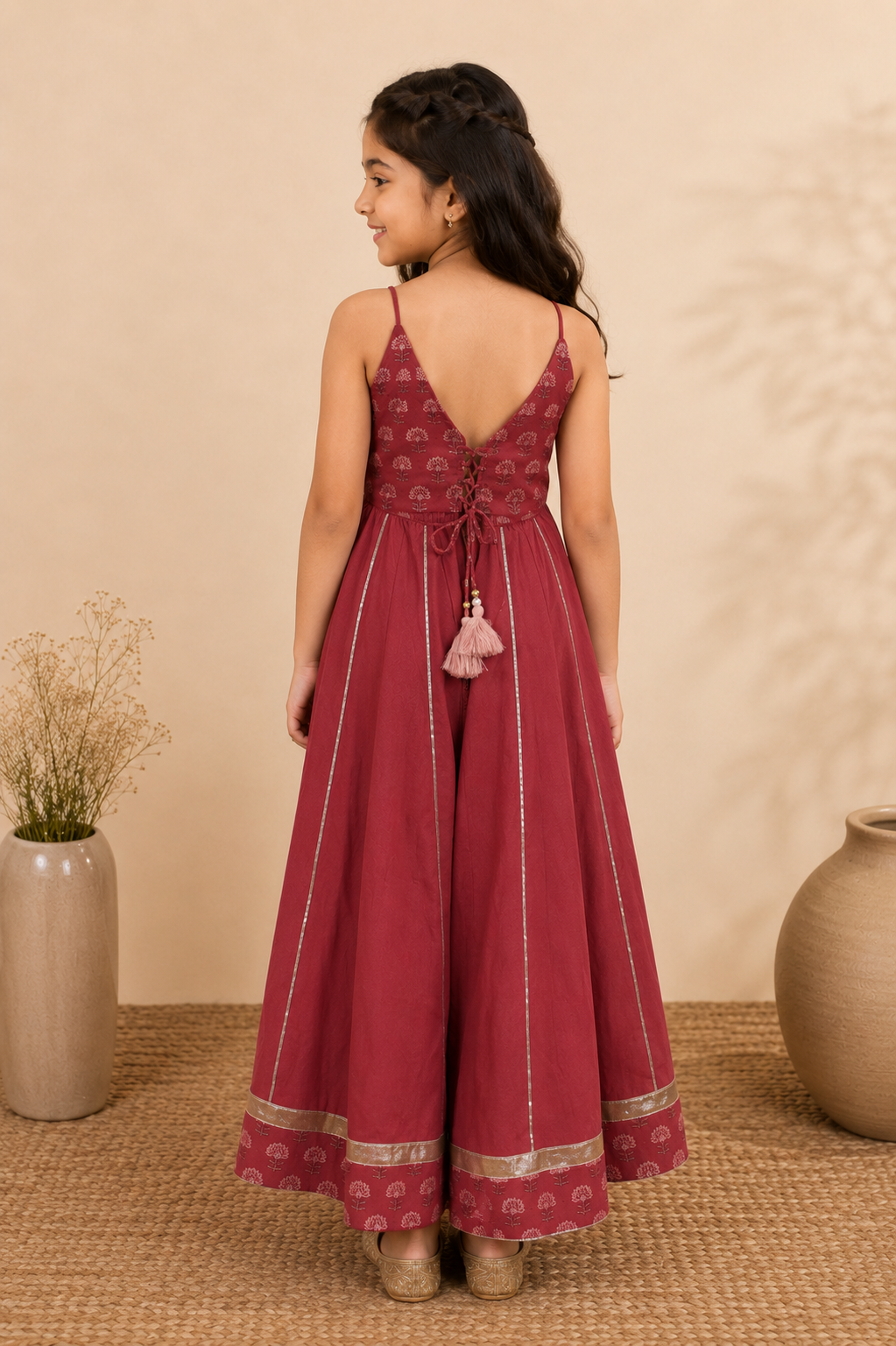 Maroon Crop Top & Flared Skirt Set with Dupatta