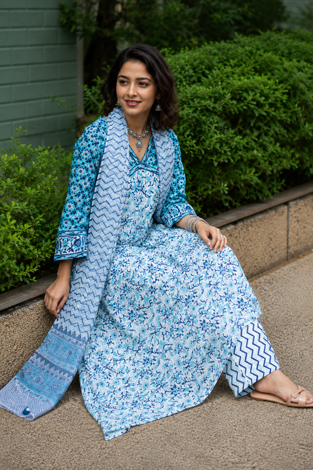Sky Blue Cotton Complete Suit Set