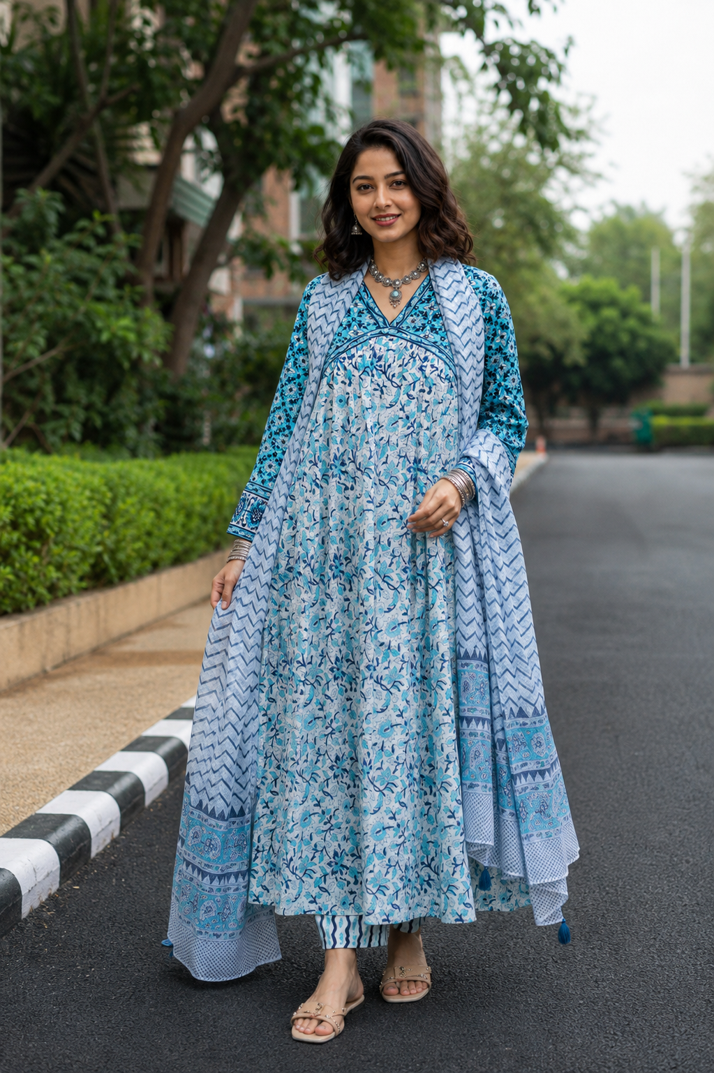 Sky Blue Cotton Complete Suit Set