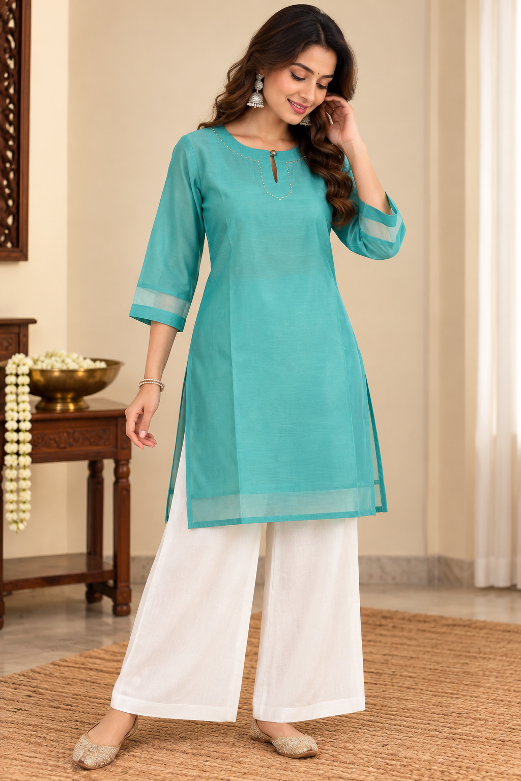 Torquise Chanderi Short Kurti