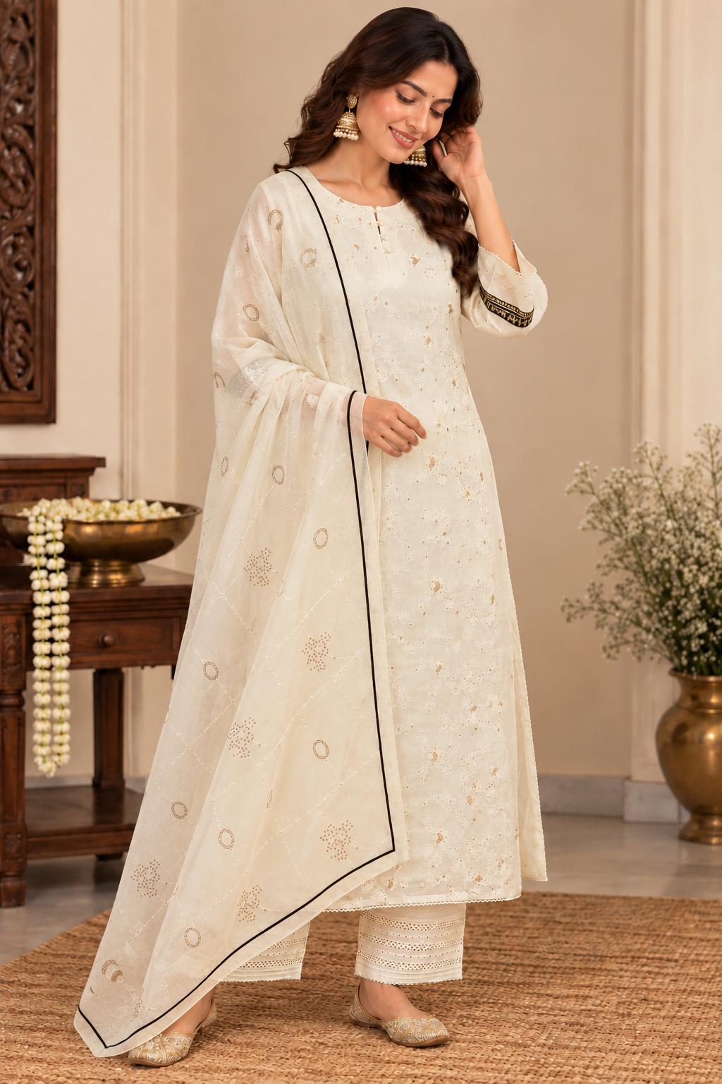 Cream White Cotton Complete Suit Set