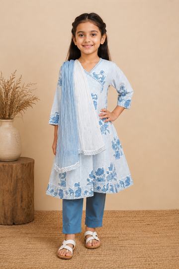 White & Light Blue Kurta Pant dupatta
