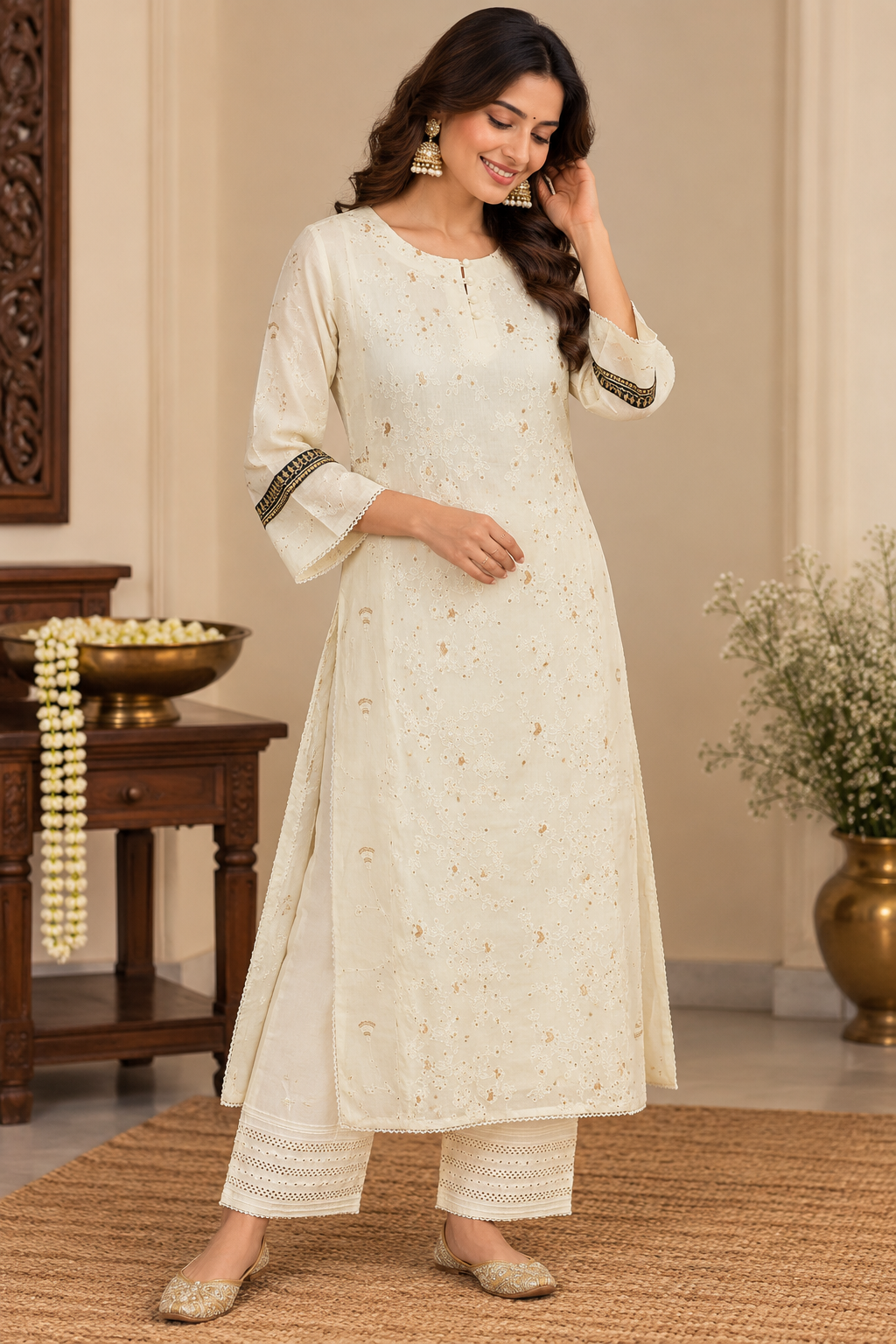 Cream White Cotton Complete Suit Set