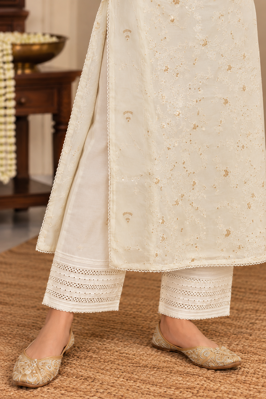 Cream White Cotton Complete Suit Set