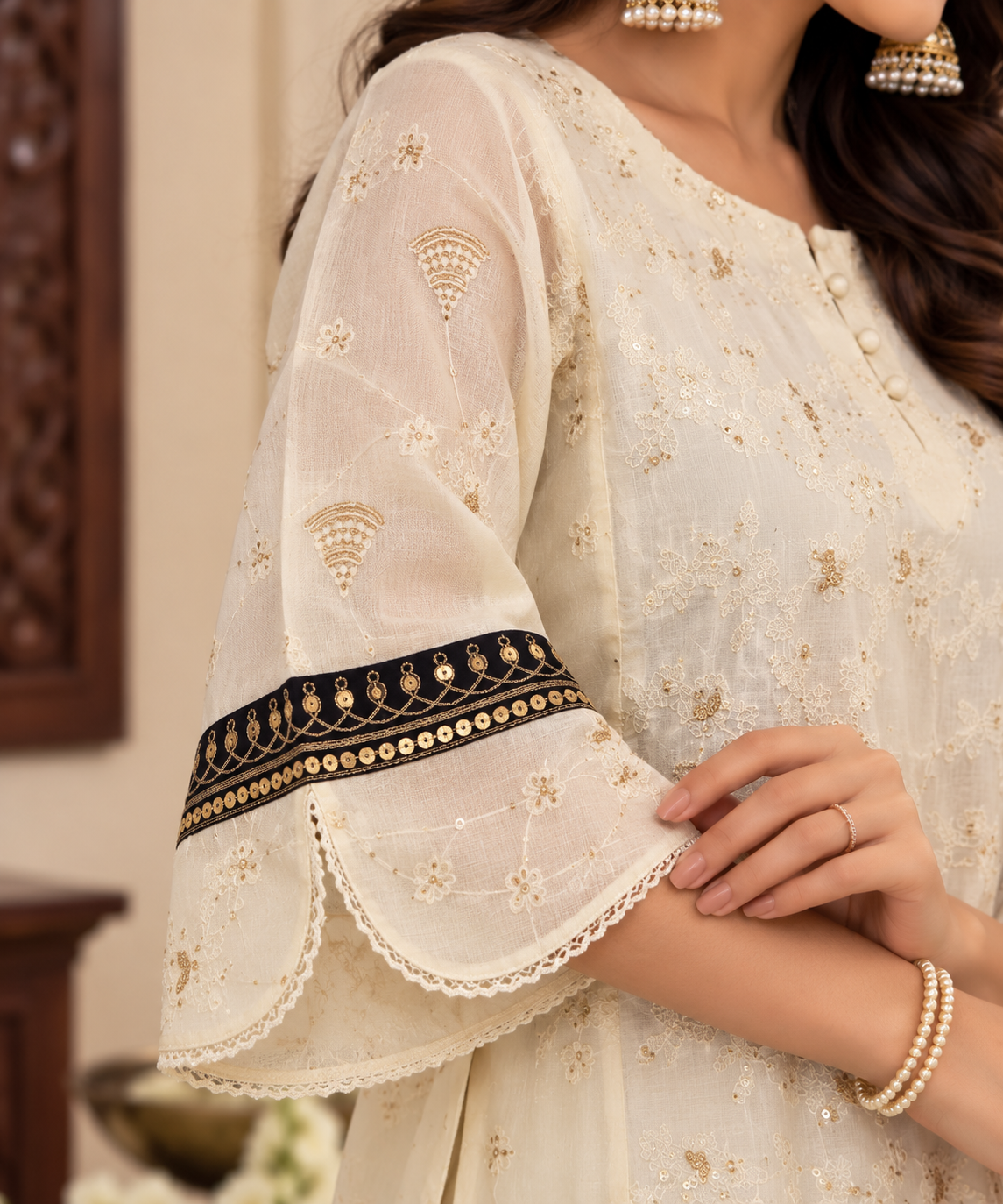 Cream White Cotton Complete Suit Set