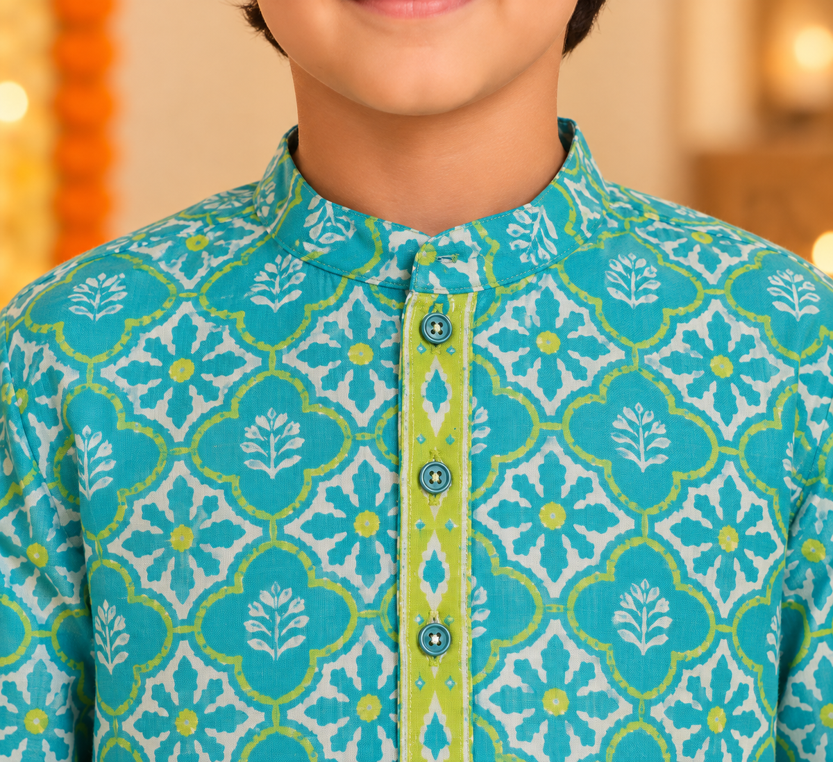 Teal blue cotton Kids kurta.