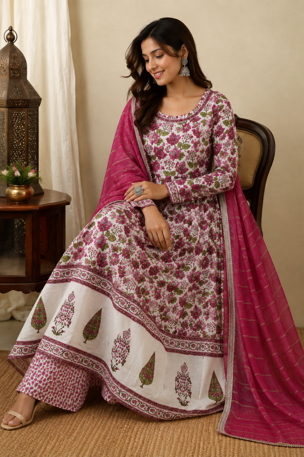 Pink & White Cotton Complete Suit Set