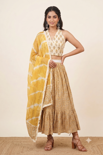 Off White Top Skirt With Dupatta Set