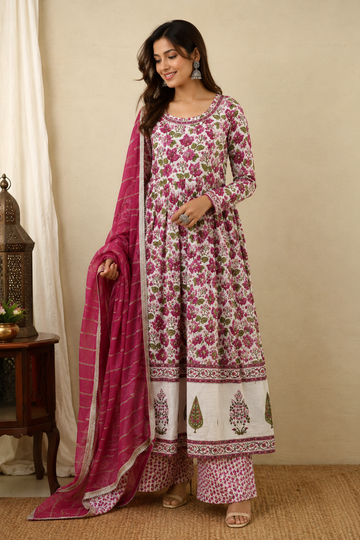 Pink & White Cotton Complete Suit Set