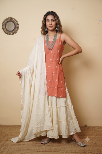 Peach Muslin Kurta Skirt Set