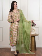 Green And White Cotton Kurta Dupatta Set (Pant Not Included)
