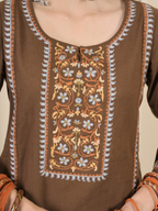 Brown Cotton Flax Aari Embroidered Kurta Pant