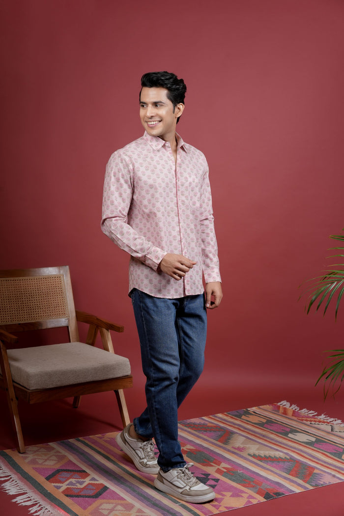 LIGHT PINK COTTON COLLAR NECK FLORAL BOOTI PRINT SHIRT FOR MEN'S