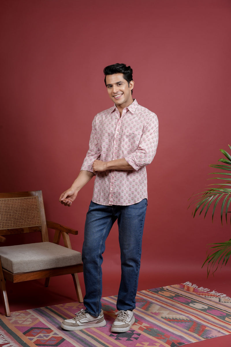 LIGHT PINK COTTON COLLAR NECK FLORAL BOOTI PRINT SHIRT FOR MEN'S