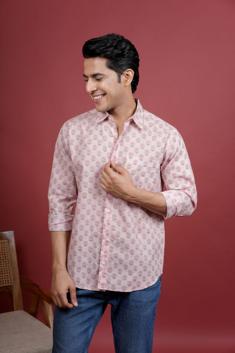 LIGHT PINK COTTON COLLAR NECK FLORAL BOOTI PRINT SHIRT FOR MEN'S