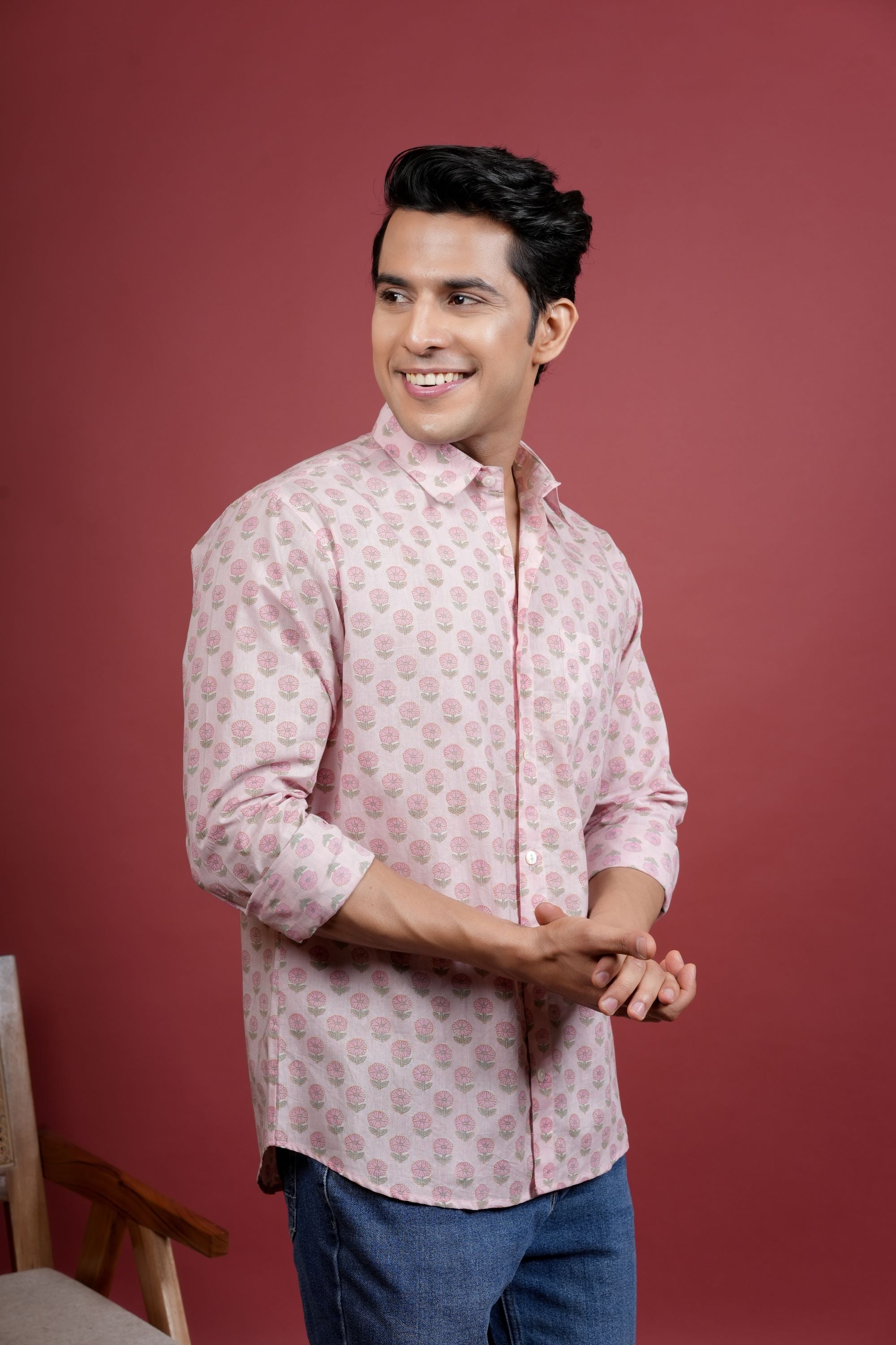 LIGHT PINK COTTON COLLAR NECK FLORAL BOOTI PRINT SHIRT FOR MEN'S