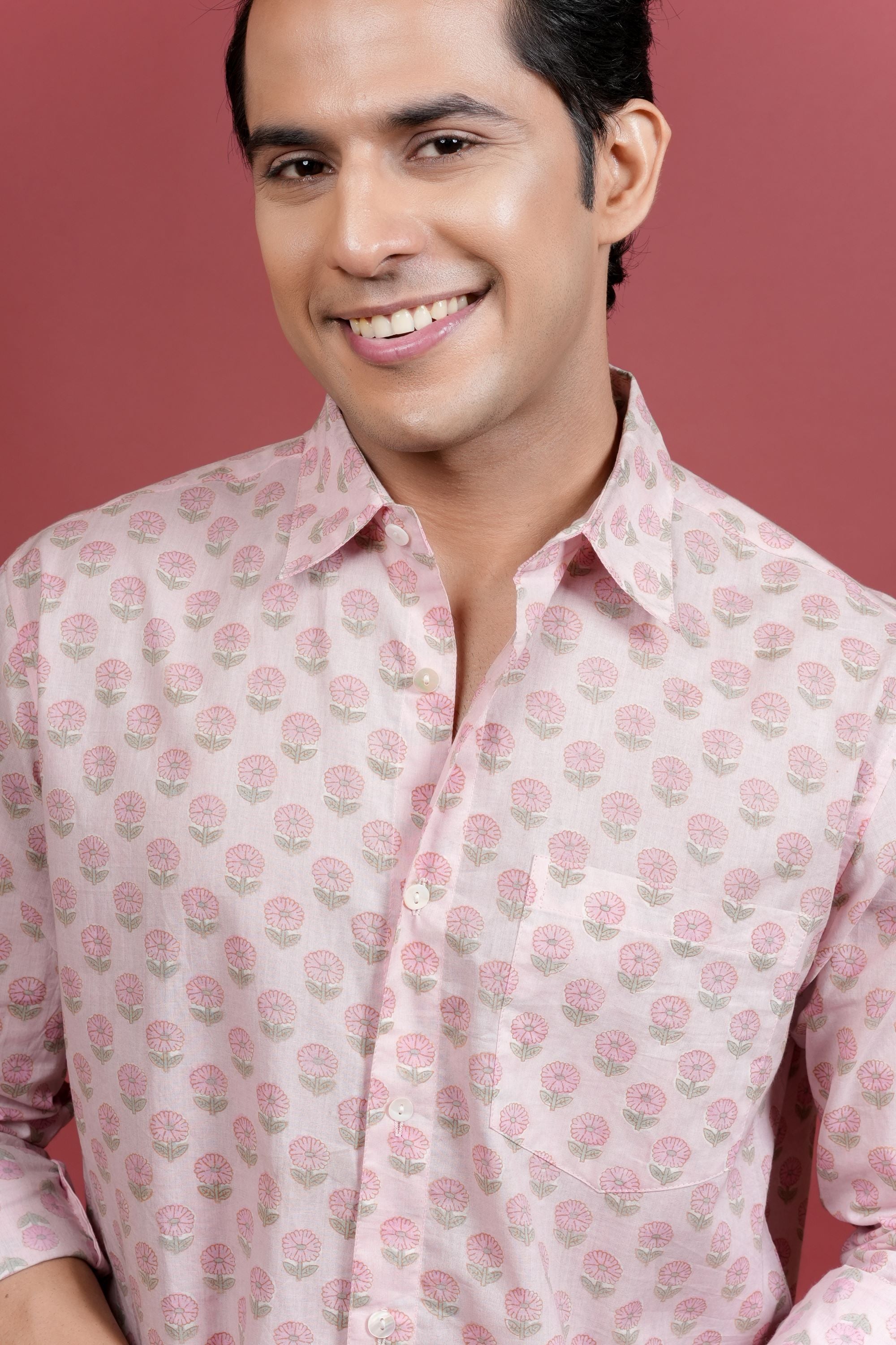 LIGHT PINK COTTON COLLAR NECK FLORAL BOOTI PRINT SHIRT FOR MEN'S
