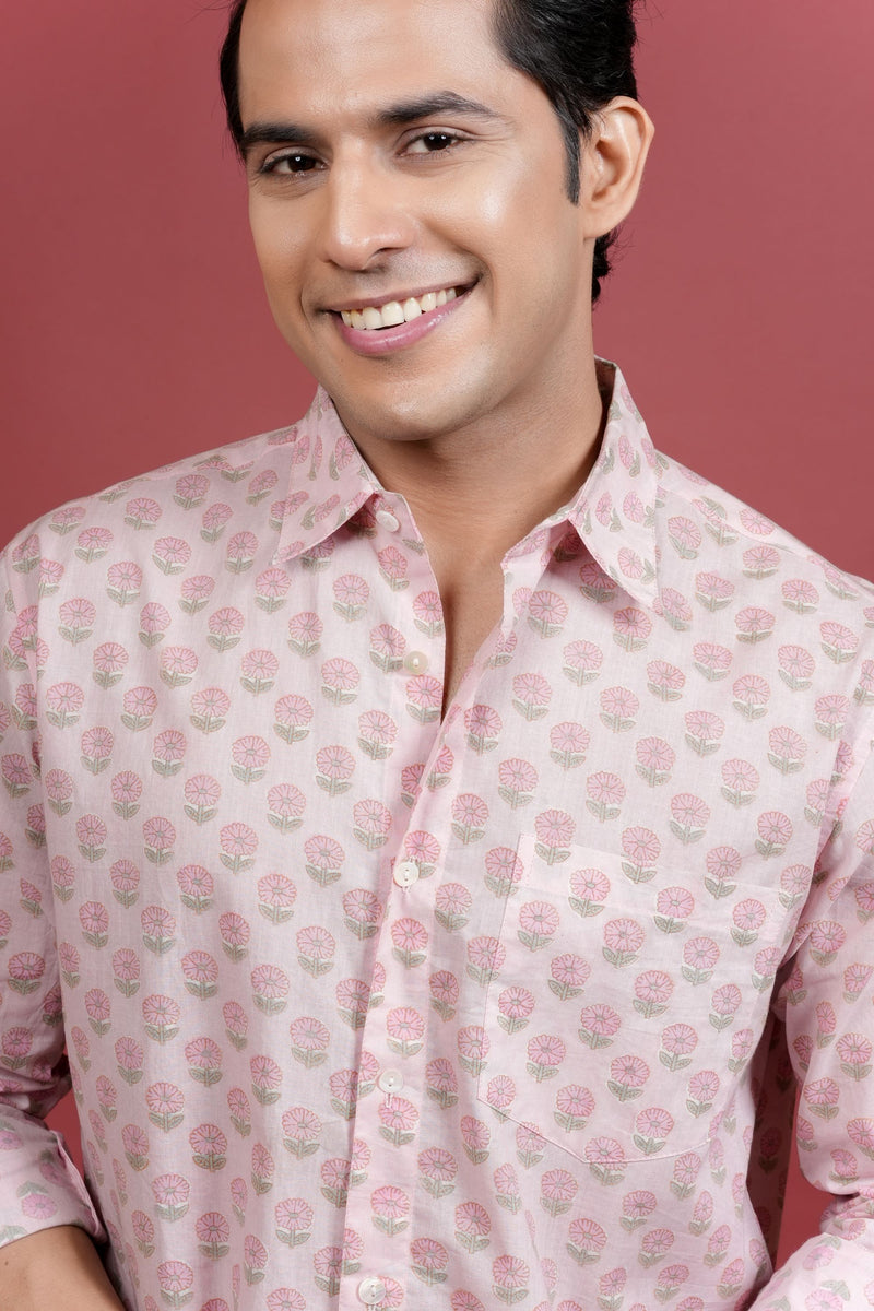 LIGHT PINK COTTON COLLAR NECK FLORAL BOOTI PRINT SHIRT FOR MEN'S