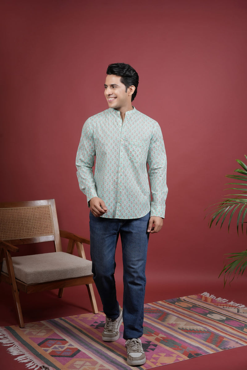 SEA GREEN COTTON CHINESE HANDBLOCK SHIRT FOR MEN'S