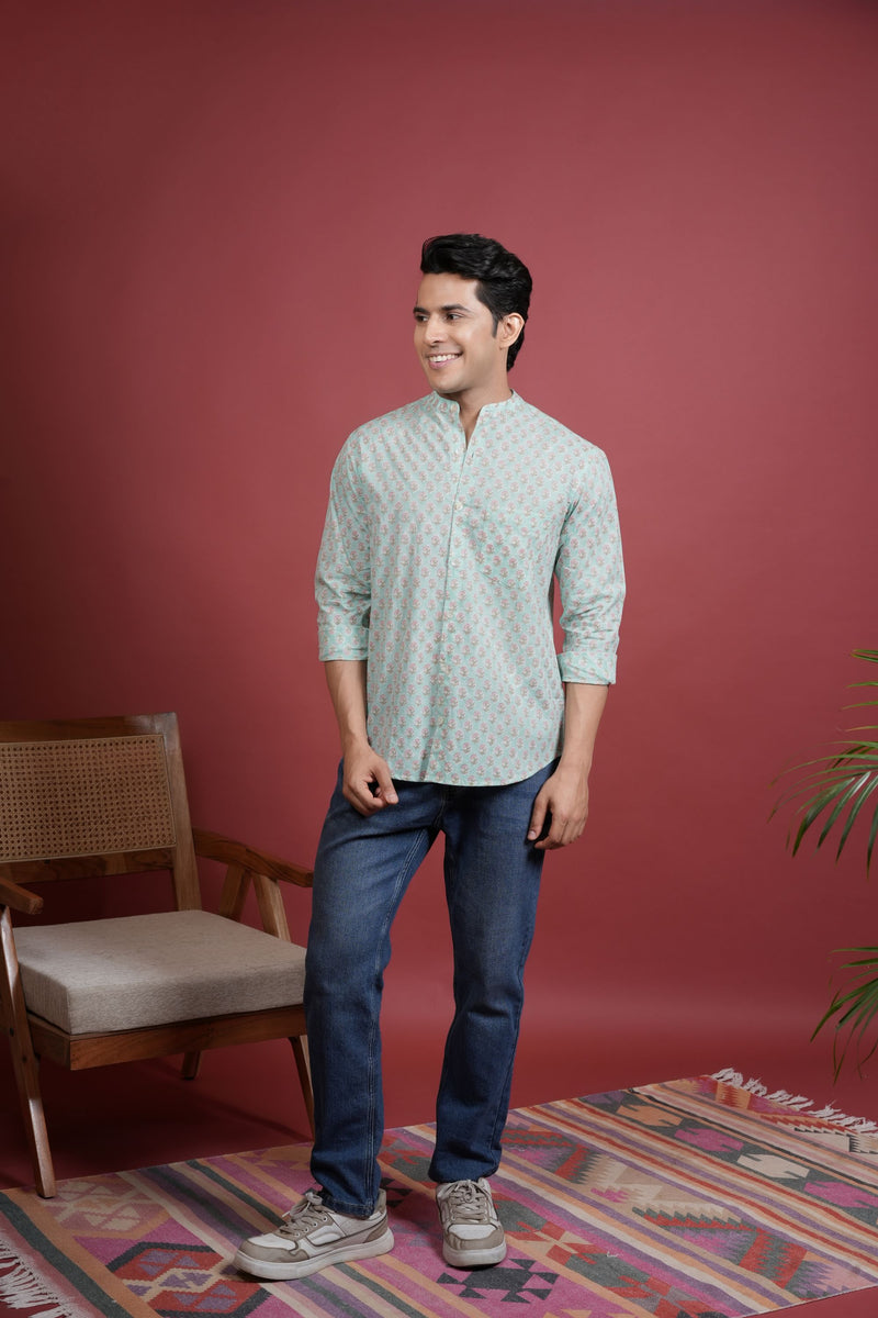 SEA GREEN COTTON CHINESE HANDBLOCK SHIRT FOR MEN'S