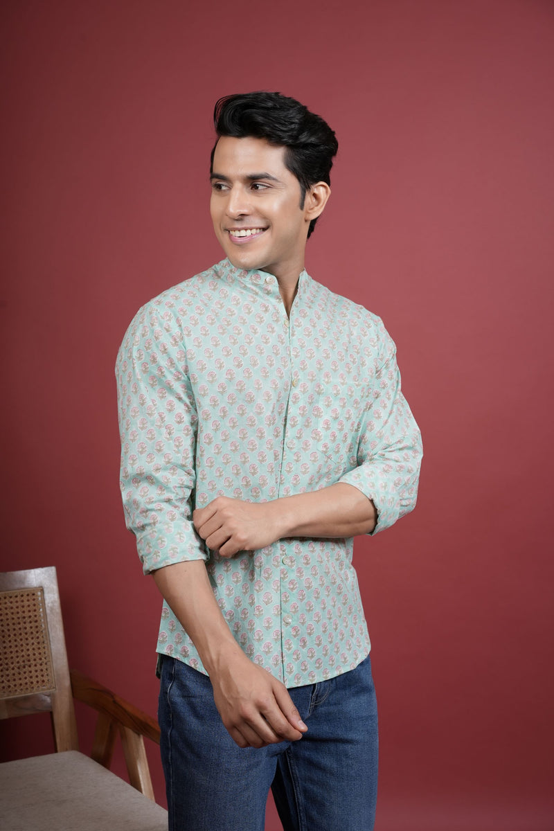SEA GREEN COTTON CHINESE HANDBLOCK SHIRT FOR MEN'S