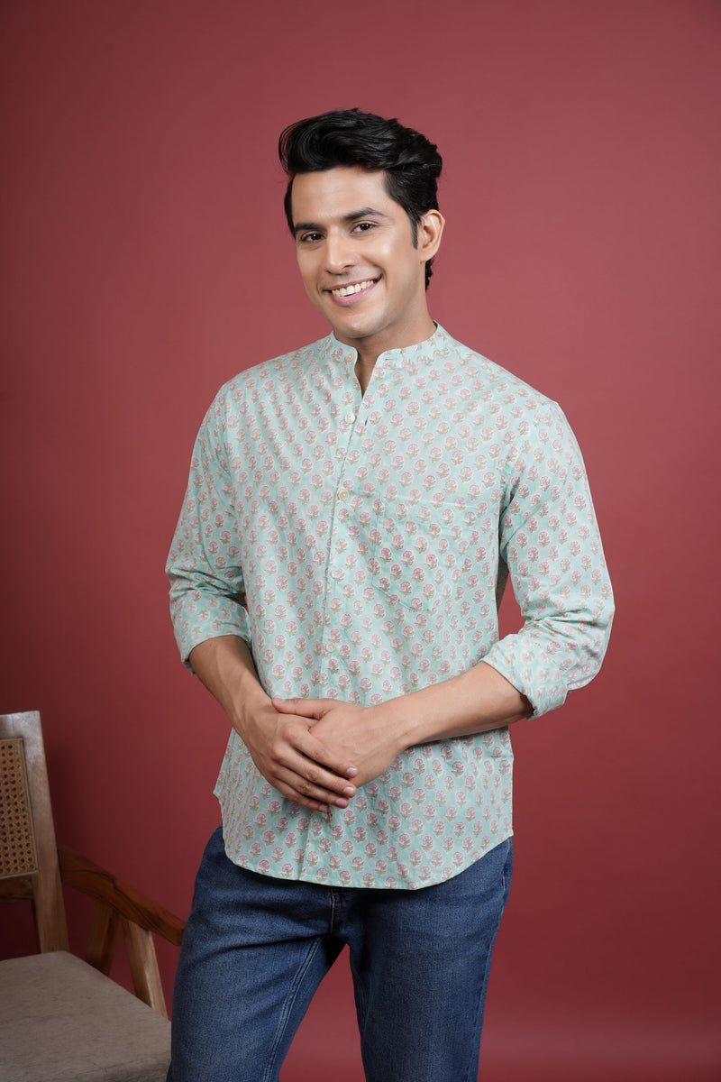 SEA GREEN COTTON CHINESE HANDBLOCK SHIRT FOR MEN'S