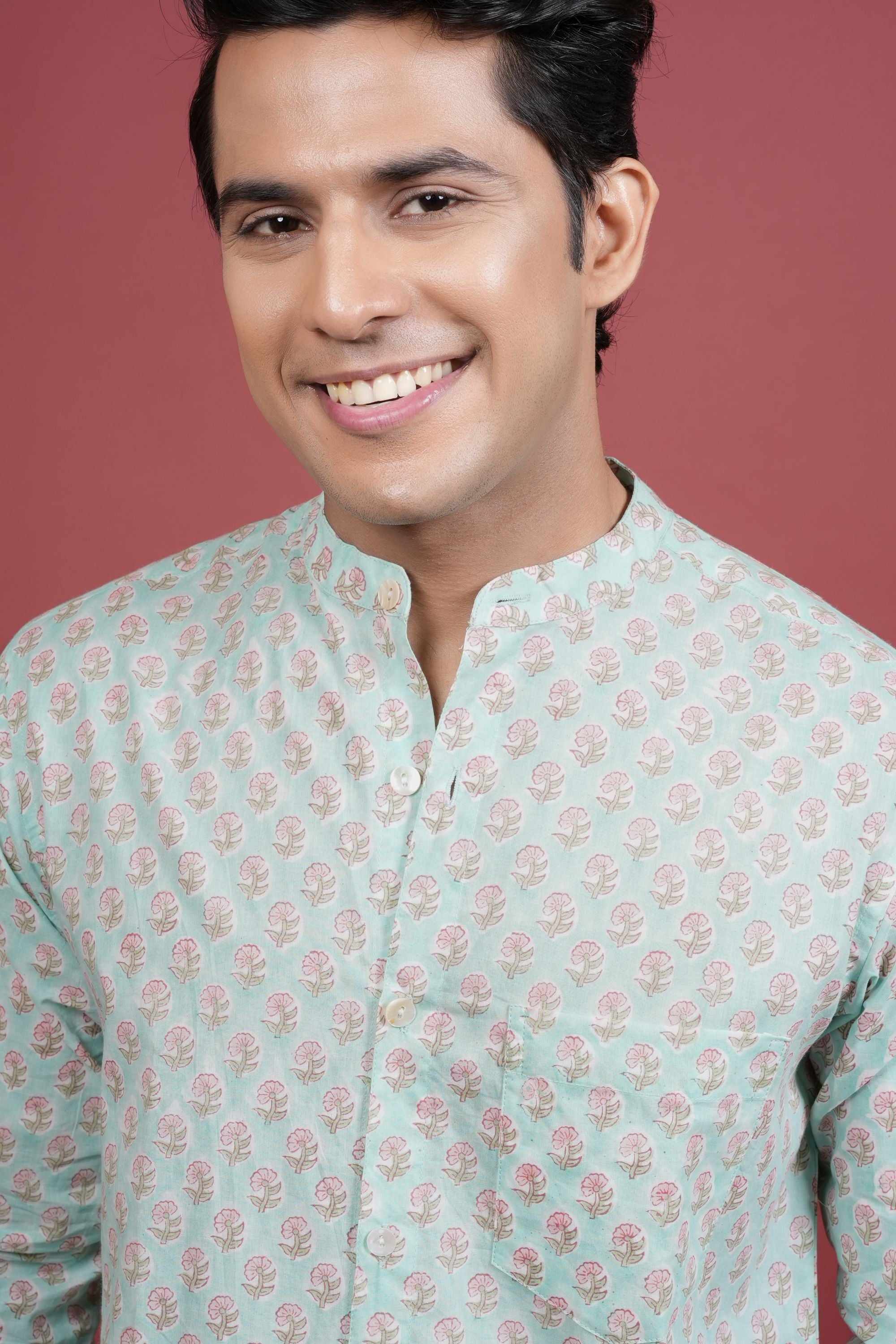 SEA GREEN COTTON CHINESE HANDBLOCK SHIRT FOR MEN'S