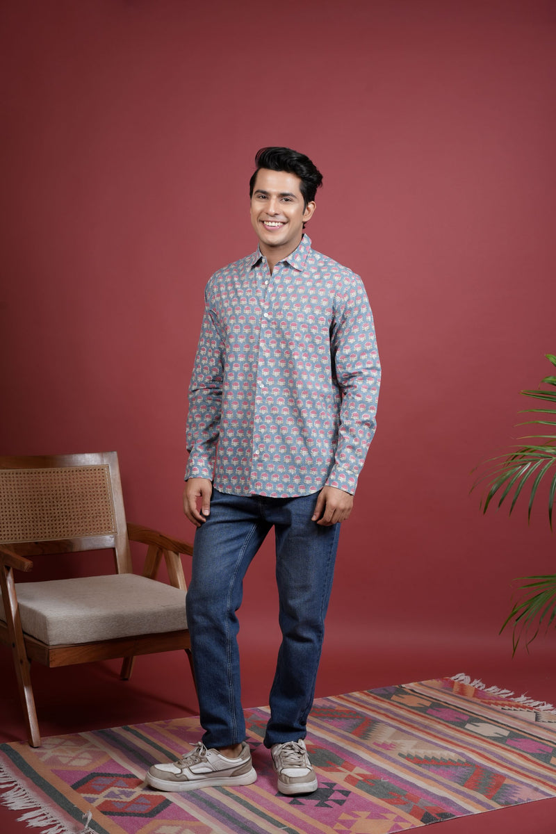 GREY COTTON COLLAR NECK FLORAL BOOTI PRINT SHIRT FOR MEN'S