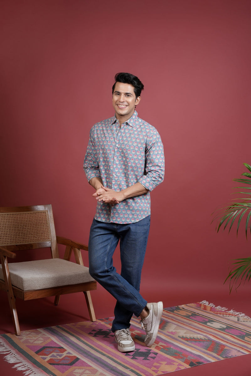 GREY COTTON COLLAR NECK FLORAL BOOTI PRINT SHIRT FOR MEN'S