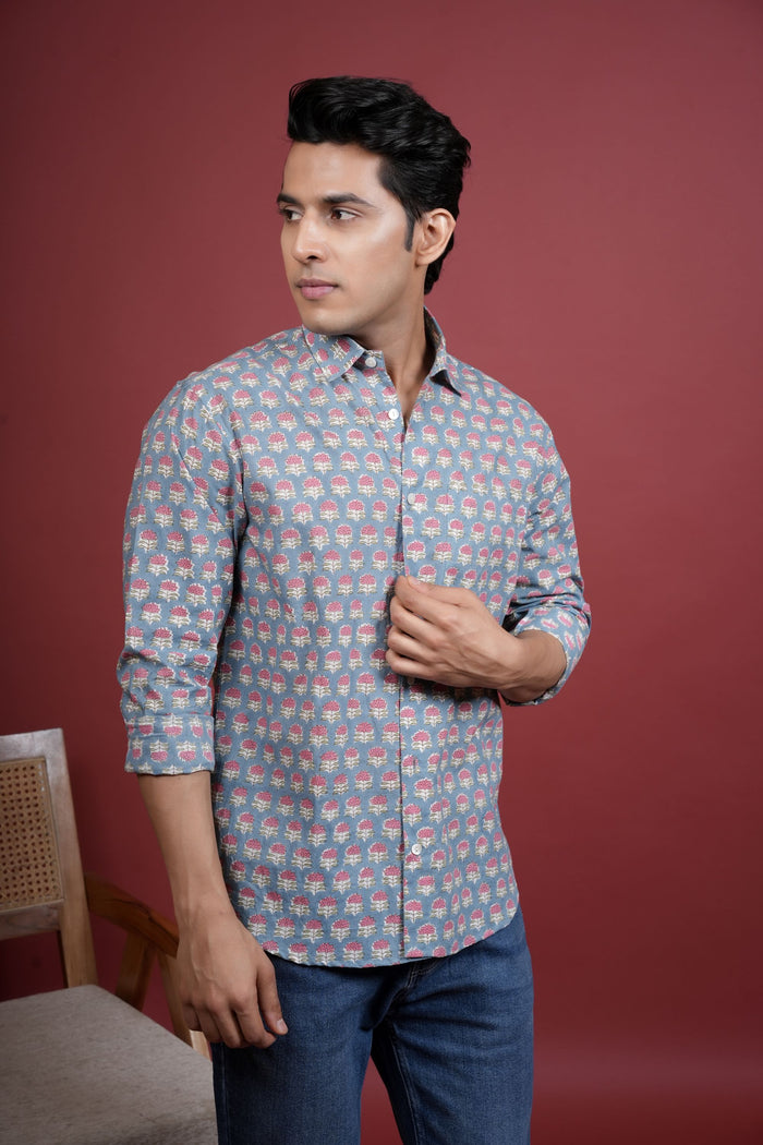 GREY COTTON COLLAR NECK FLORAL BOOTI PRINT SHIRT FOR MEN'S